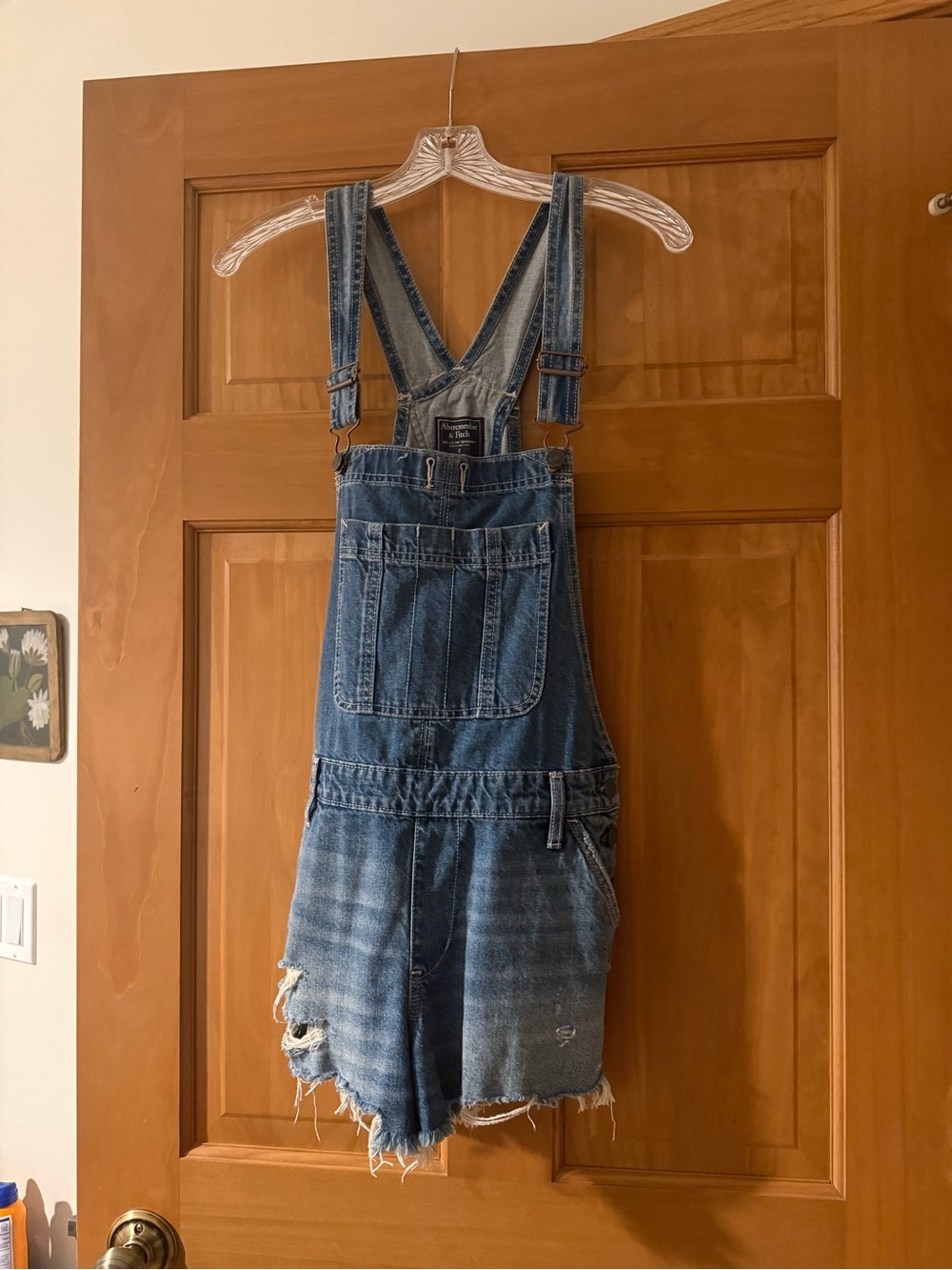 Abercrombie & Fitch Distressed Denim Short Overalls - Blue
